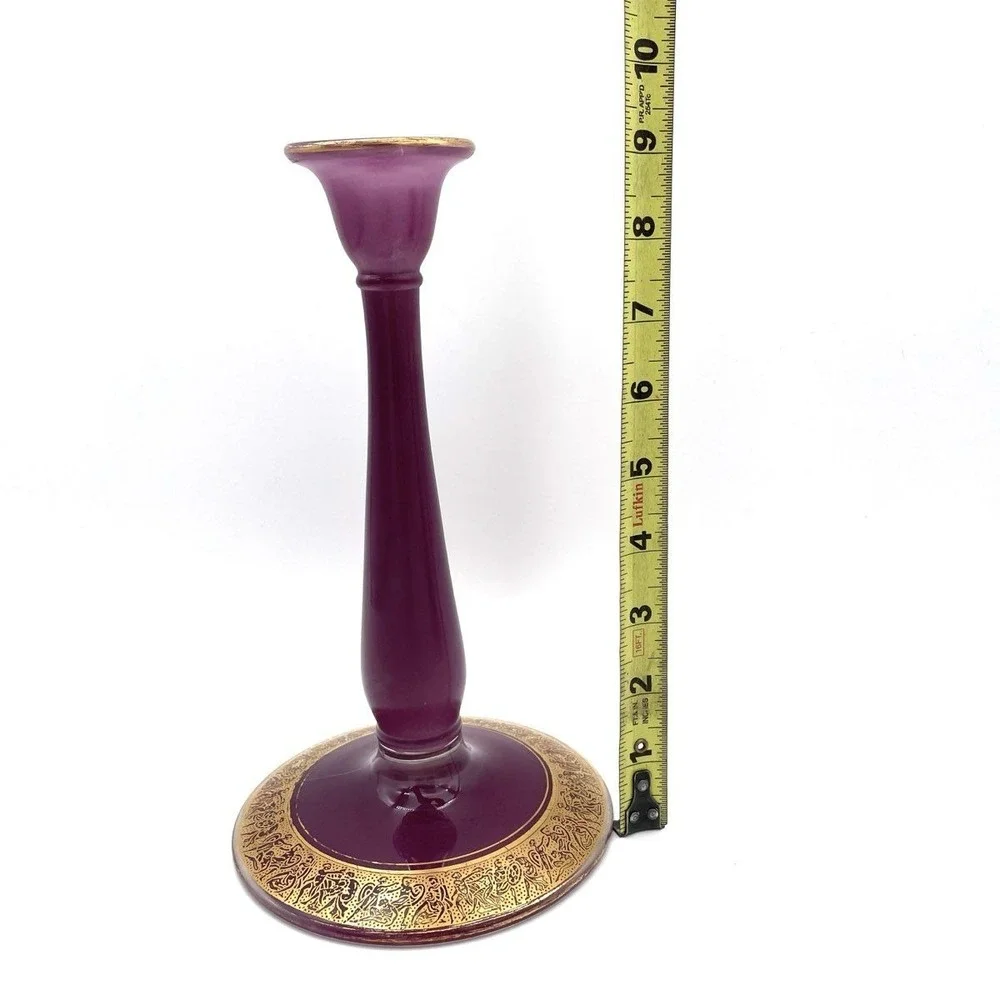 Vintage Amethyst Glass Candlesticks Pair Gold Encrusted Classical Figures 9.5